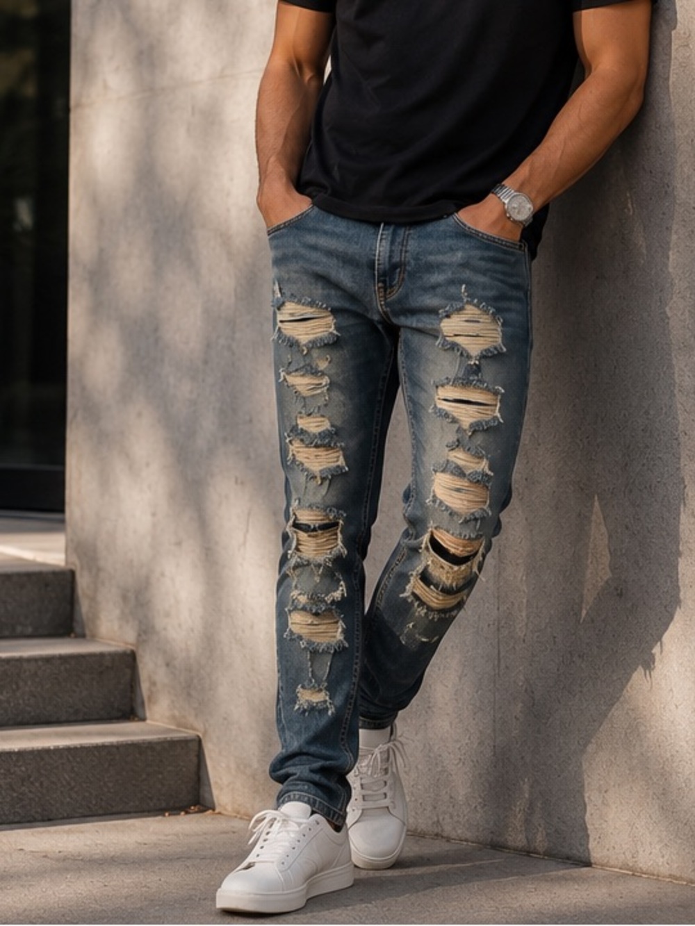Men's Skinny Distressed Denim Jeans in Blue 34x34
